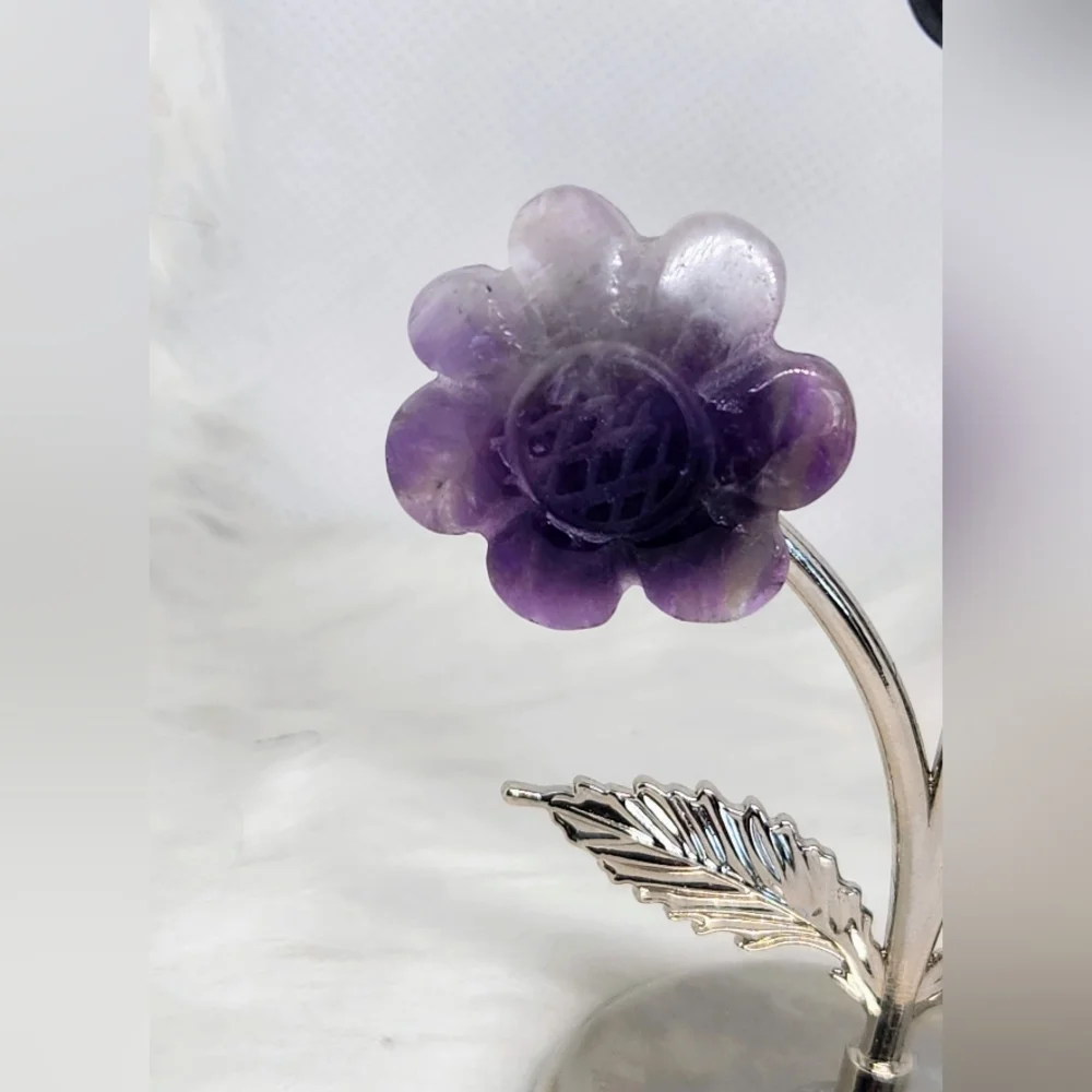 Amethyst Flowers On Metal Stand. Crystal Floral Decor.